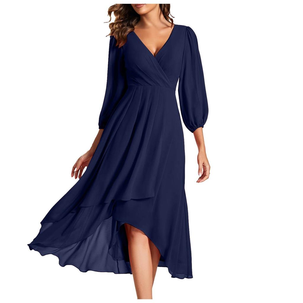 Collar Solid Color Nine Quarter Sleeve Cinched Waist Slim Bridesmaid Dress, Daily Party Elegant Long Sleeved Evening Gown