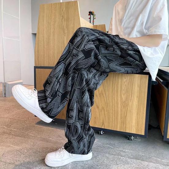Men Pants Elastic Waist Adjustable Drawstring Wide Leg Casual Trousers with Pockets Letter Print Corduroy Pants