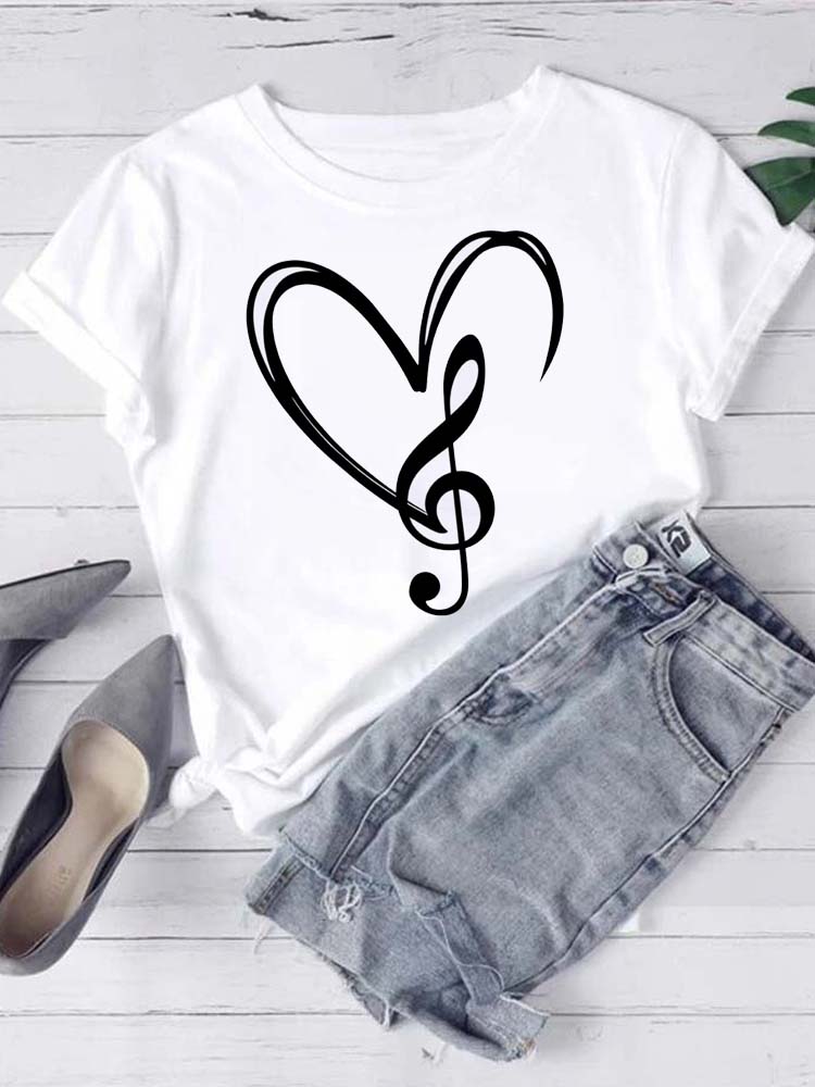 T-shirt Mode Femme Imprimé Notes de Musique T-shirt Décontracté Hauts Noirs Années 90 Dames Filles T-shirt FeUnisex Harajuku T-shirt Graphique