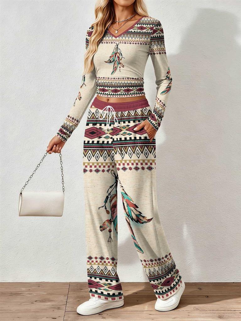 Floral pattern printed women's V-neck long-sleeved trousers set Comfortable casual versatile slim two-piece set