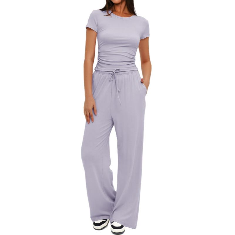 Solid Color Casual Long Sleeve Set Top High Waisted Wide Leg Pants Sportswear