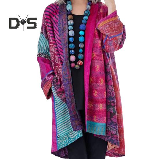 Women Coat with Pockets Colorful Printing Cardigan Long Sleeves Retro Ethnic Style Mid Length Loose Spring Autumn Jacket