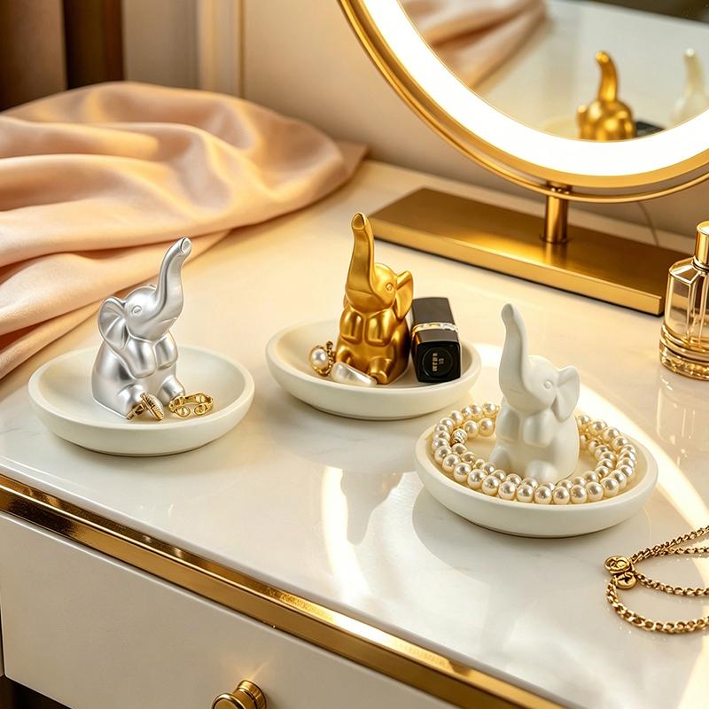 Cute Elephant Resin Jewelry Ring Holder Trinket Dish Decorative Tray for Rings Earrings Necklaces Home Vanity Tabletop Display