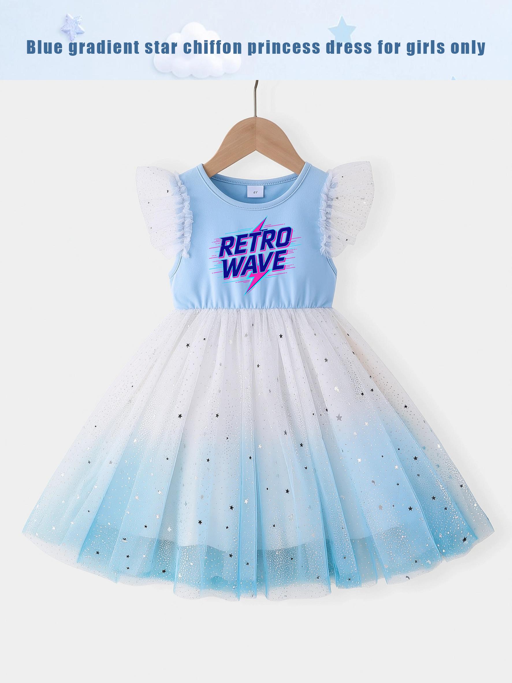 Girls Casual Dress Blue Ombre Star Tulle Dress Kids Print Ruffle Sleeve Princess Dress 4Y синий
