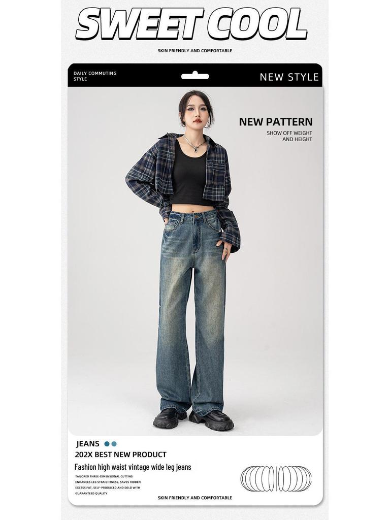 Women's High-Waist Retro Blue Wide-Leg Jeans - 2025 Summer Slim Straight Fit