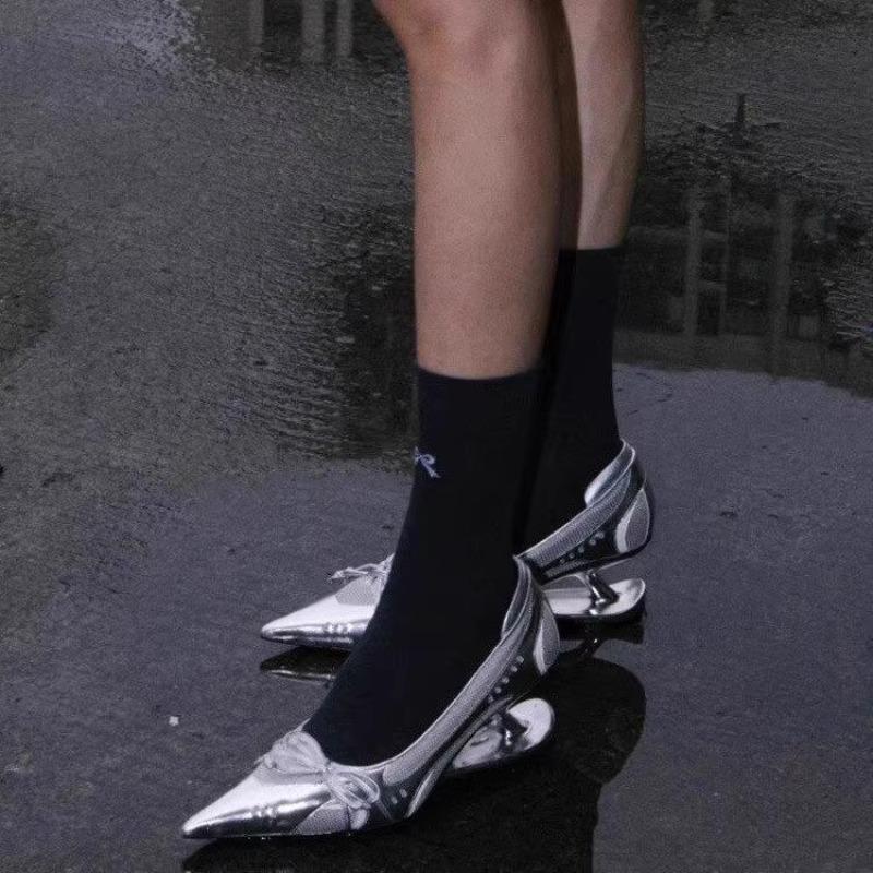 Fashion New Bow Mary Jane Sport Retro Pointed Toe Shallow Mouth Splice Surface Suspension Heel Anti-Slip Wear-Resistant High Heels