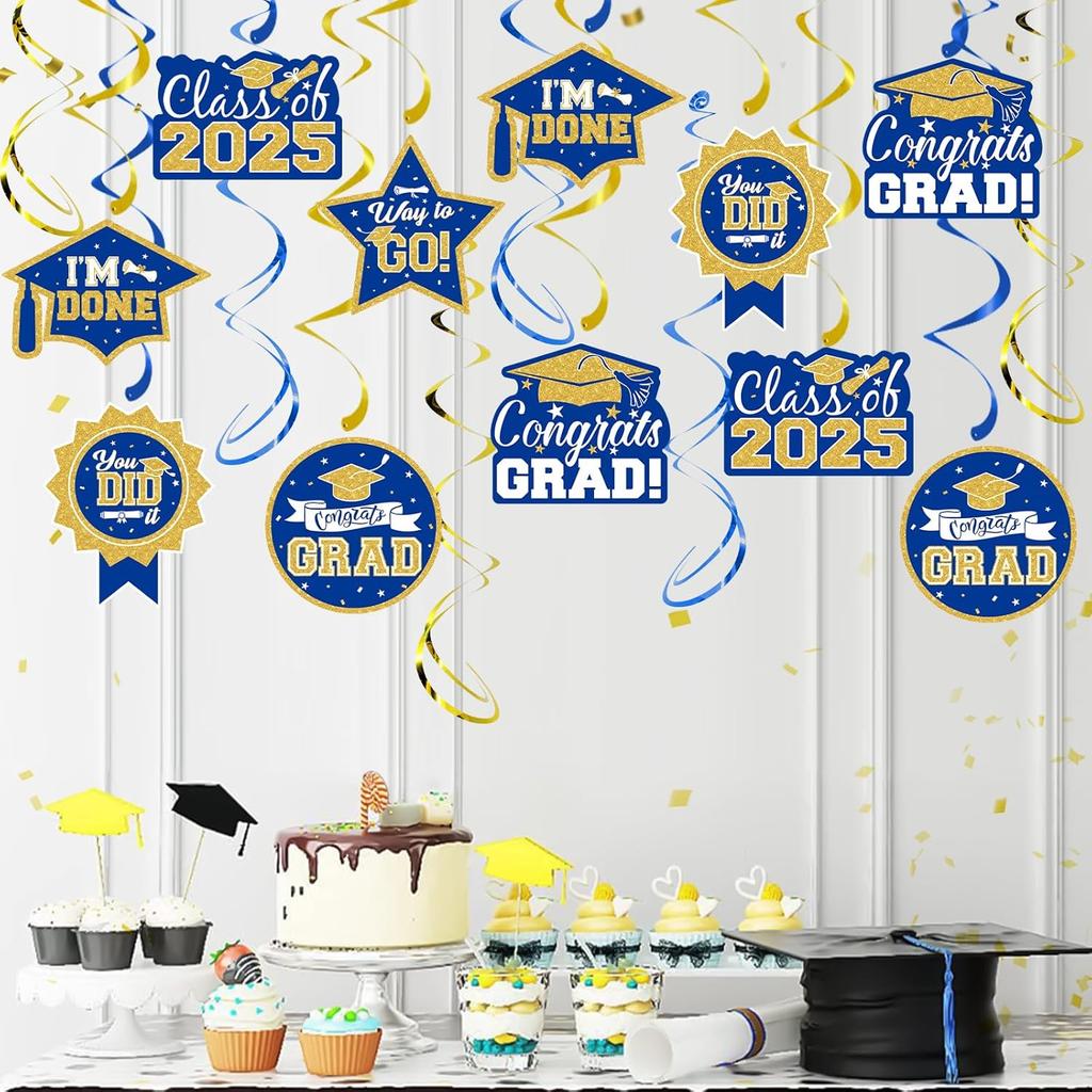 2025 Graduation Party Decorations - 30 Pcs Blue Gold Class of 2025 Congrats Grad Hanging Swirl Ceiling Decor for Home School Classroom Graduation