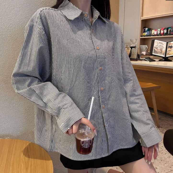 Women's Retro Striped Long Sleeve Lapel Shirt - Casual, Loose Fit for Spring and Autumn