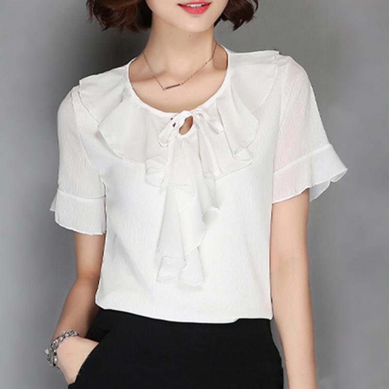 ZANZEA Women Casual Ruffles Round Neck Summer Short Sleeve Blouse