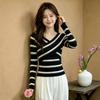 La Chapelle French-Style Striped V-Neck Long Sleeve Blouse