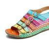 Johnature Echtes Leder Retro Damen Schuhe Sommer Farbe flache Sandalen Komfort atmungsaktive handbemalte Strandsandalen