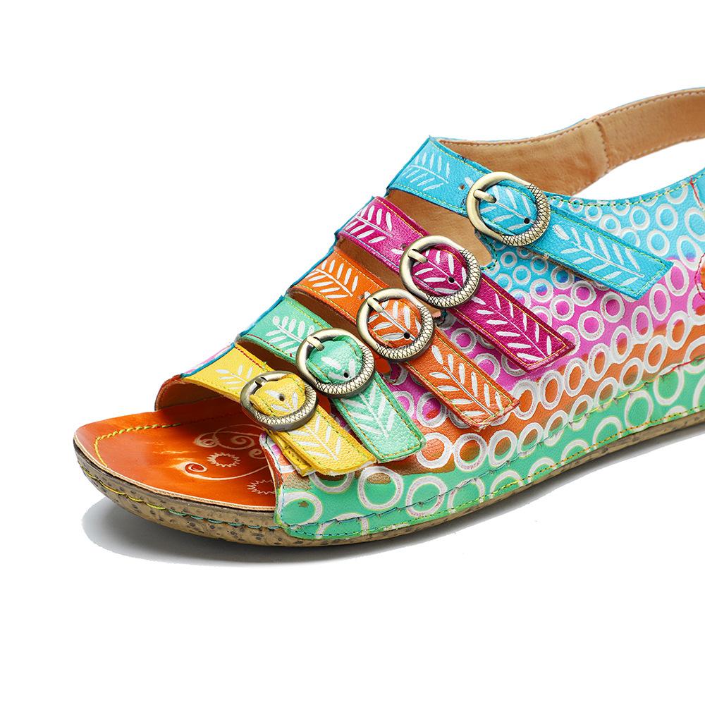 Johnature Echtes Leder Retro Damen Schuhe Sommer Farbe flache Sandalen Komfort atmungsaktive handbemalte Strandsandalen