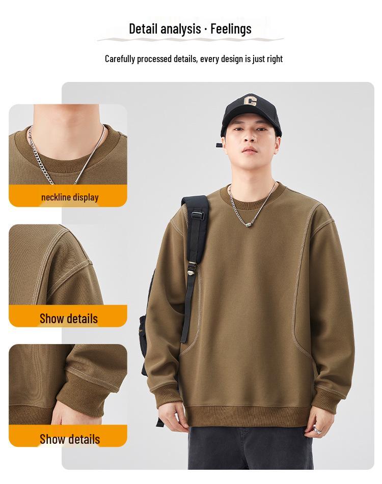 Herren Amerikanisches Retro Plüsch Nähte Rundhals Sweatshirt – Einfarbige, Vielseitige, Lockere Passform Freizeit Oberteil