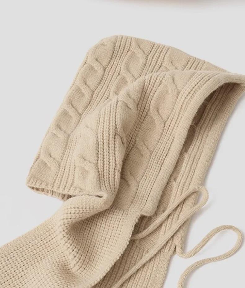 Women's Hooded Knitted Shawl: Wool Hat-Scarf-Waistcoat Combo for Autumn/Winter