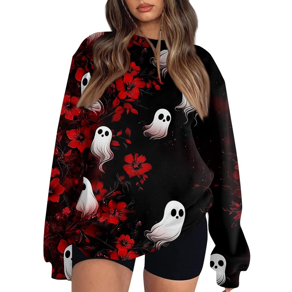 Women's Fashion Casual Long Sleeve Halloween Printed Neck Sweatshirt Top