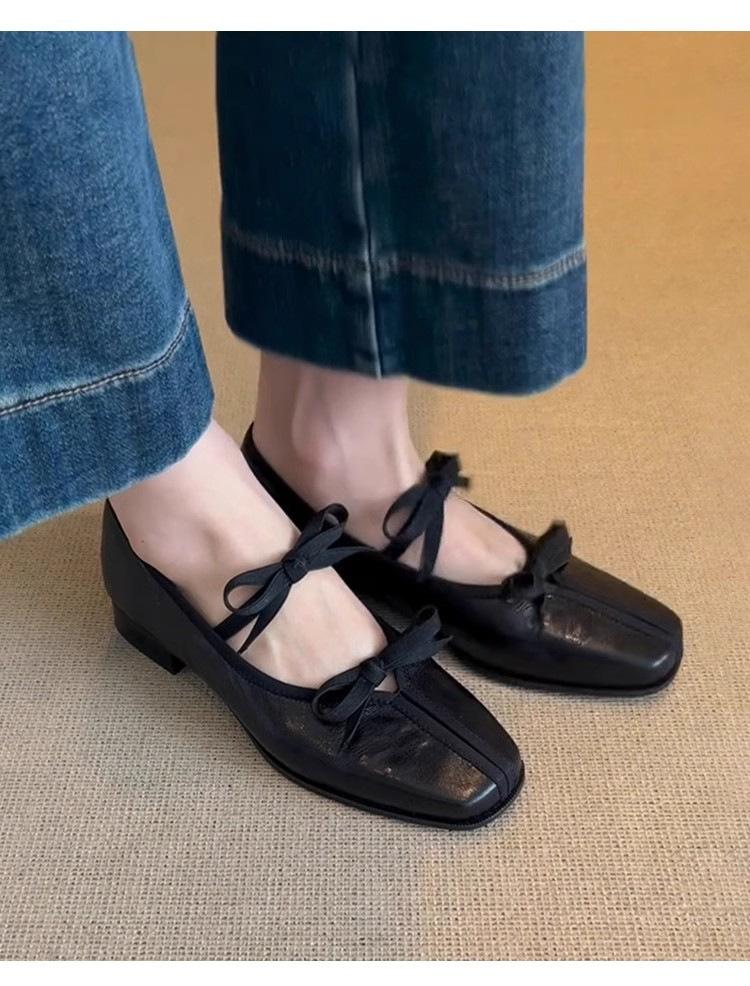 French Square Head Retro Bow Mary Jane Shoes Women's 2025 Spring New Shallow Mouth One Pedal Ballet Shoes