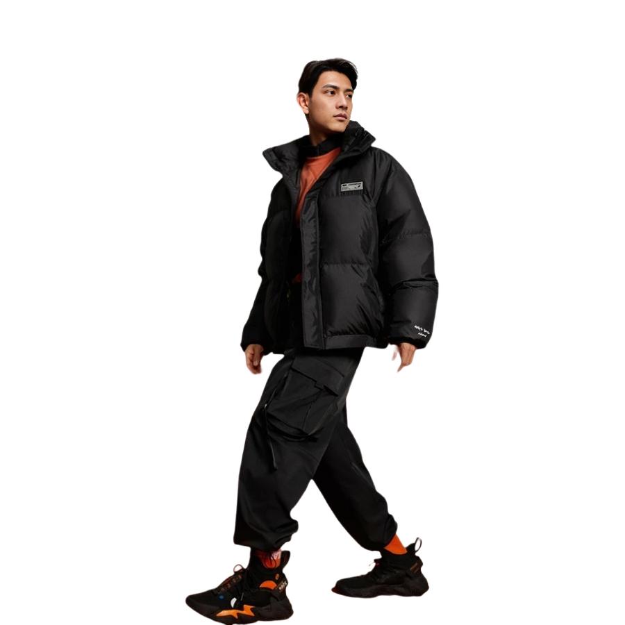 Li Ning Logo Print Einfarbig Reflektierend Locker Daunenjacke Winter Herrenjacke Schwarz AYMR307-2