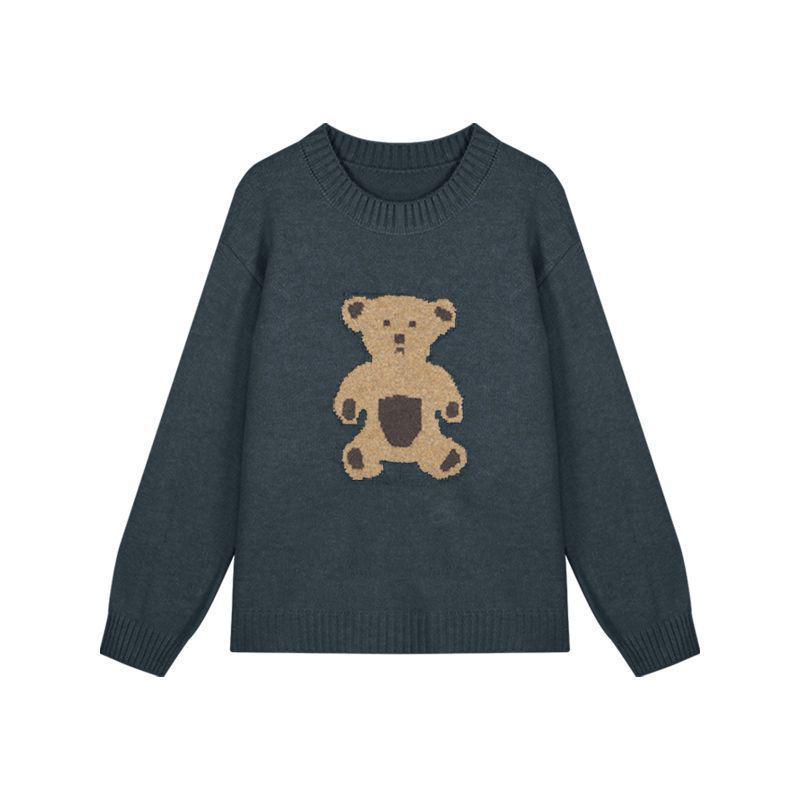 Women's Retro Teddy Bear Knit Sweater – Lazy Style Crew Neck, Long Sleeves, Winter Wear