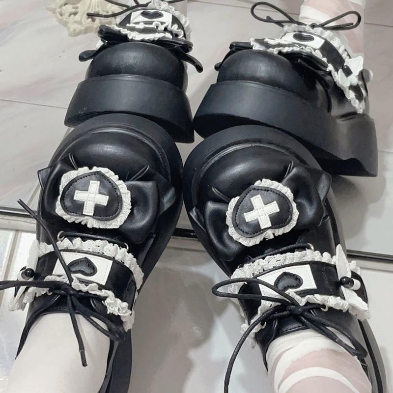 Butterfly Knot Thick Soled Lolita Shoes Women Casual Board Shoes Round Toe Bread Japanese Girls Single