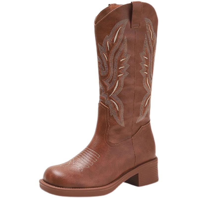 Vintage western cowboy boots 2025 new inner height increase medium tube Martin boots Chelsea boots embroidered long tube knight boots