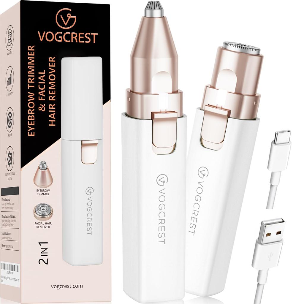 VG VOGCREST Electric Face and Eyebrow Shaver for Portable Face Shaver and Eyebrow Trimmer with LED Light Women 2-in-1 Built-in (White)