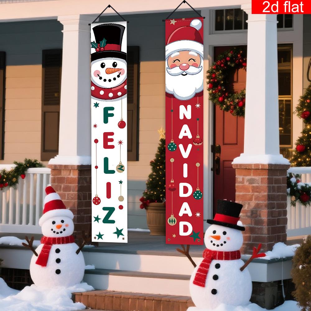 1 Pair Christmas Hanging Banner, 'Feliz Navidad' Doorway Decor with Cute Santa Claus and Snowman, Elegant Outdoor Indoor Decor