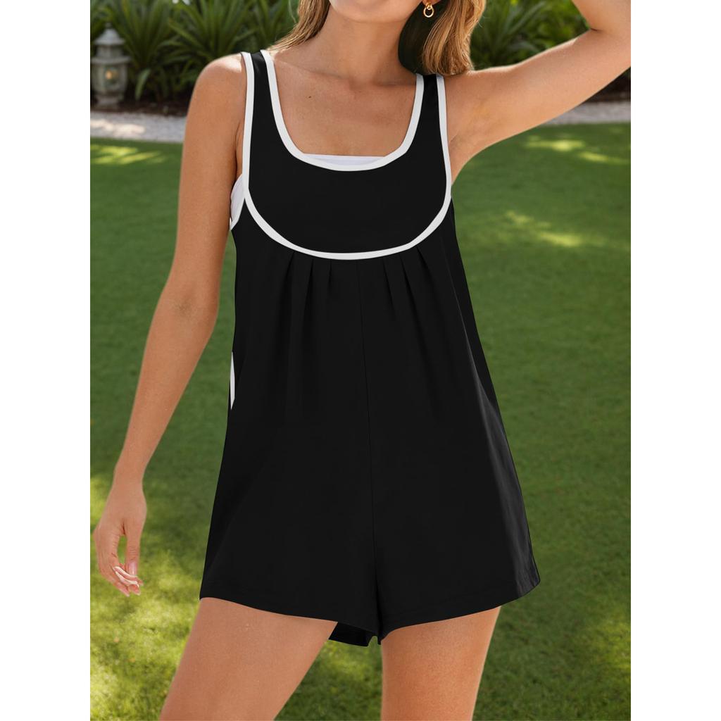 Women Short Cropped Sleeveless Loose Fit Romper Pockets Casual Jumpsuits