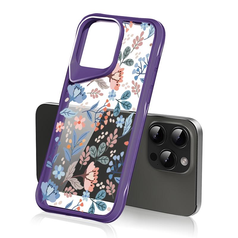 Shockproof Slim Hybrid Acrylic Phone Case for iPhone 15 Pro Max 14 Plus 13 Transparent Colorful Flower Soft Edge Cover