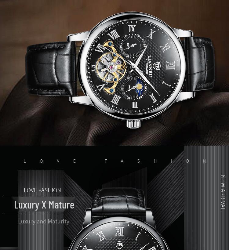 Relógio Masculino Automático Luminoso à Prova d'Água com Pulseira de Couro - Design Sol Lua Estrelas