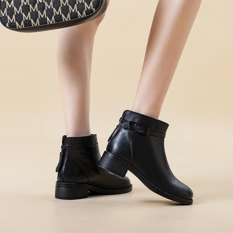 Versatile retro Martin boots women's bow high-end leather short boots autumn and winter new velvet warm boots