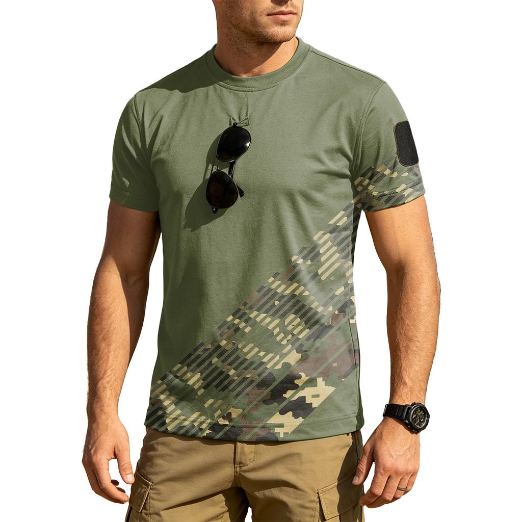 Men Tactical Crew Neck Loose Fit Breathable Outdoor Quick Dry T Shirt with Camouflage Print and Hook Loop Patch Design