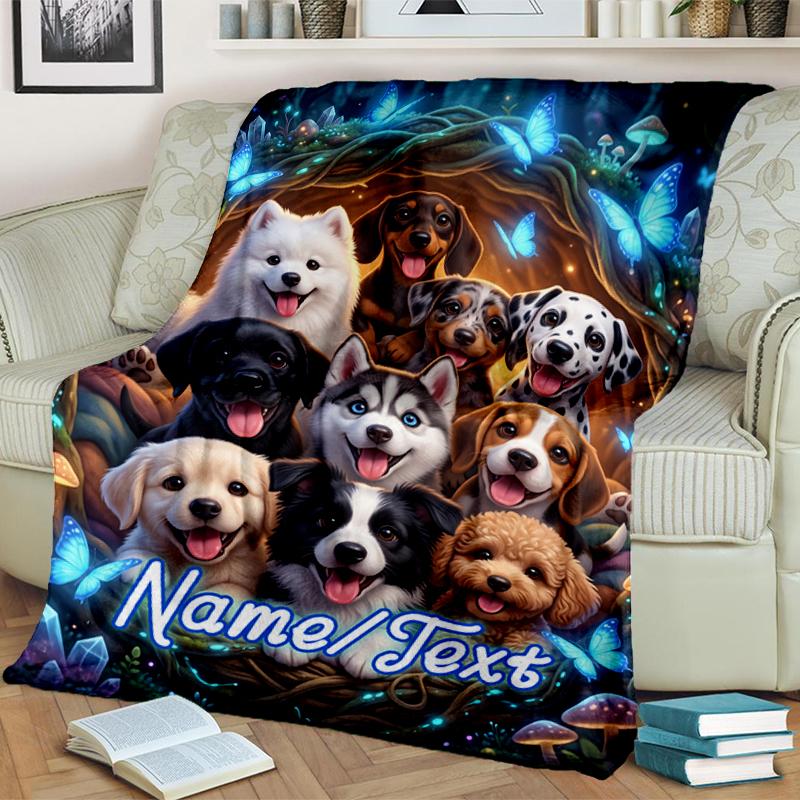 1PC Custom Name Diverse Dogs Fantasy Forest flannel blanket versatile,all-season throw suitable for the living room,bedroom,camping,travel,and gift