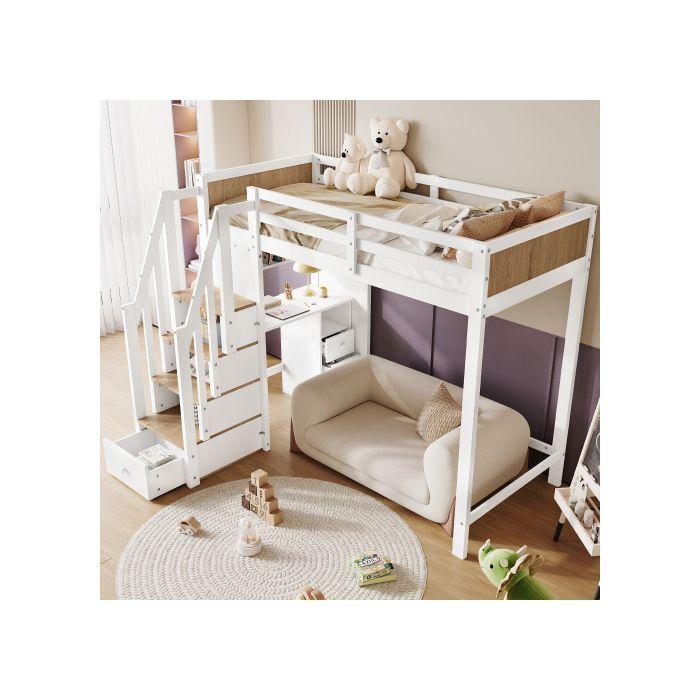 Lit superposé, lit d'enfant avec barrières anti-basculement couleur choc, bureau avec 3 tiroirs, 4 étagères, étagères ouvertes