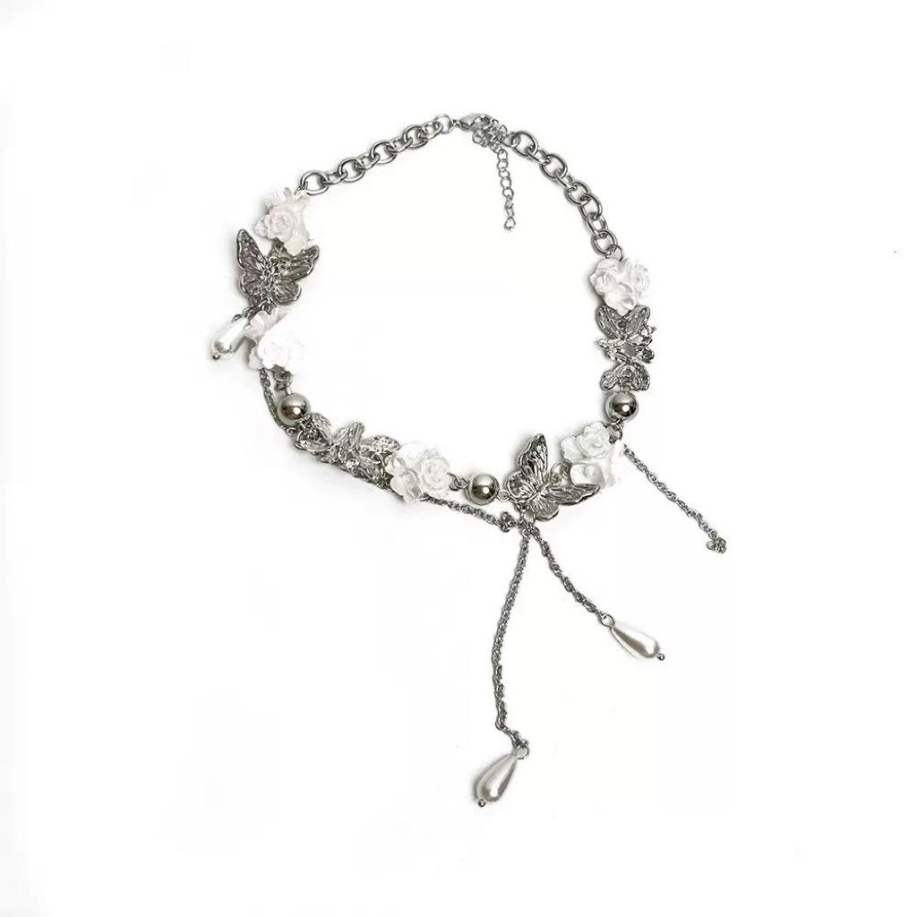 French White Flower Butterfly Pearl Tassel Choker, Light Luxury Clavicle Necklace