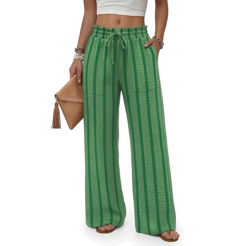 Women's Fashion Striped High Waist Wide Leg Pocket Drawstring Loose Beach Vacation Casual Pants