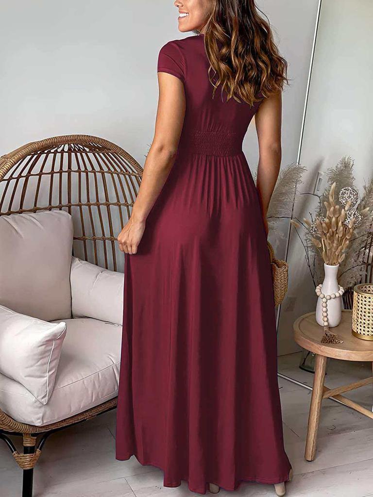 Women's Deep V-neck Pleated High-waisted Slit Evening Gown