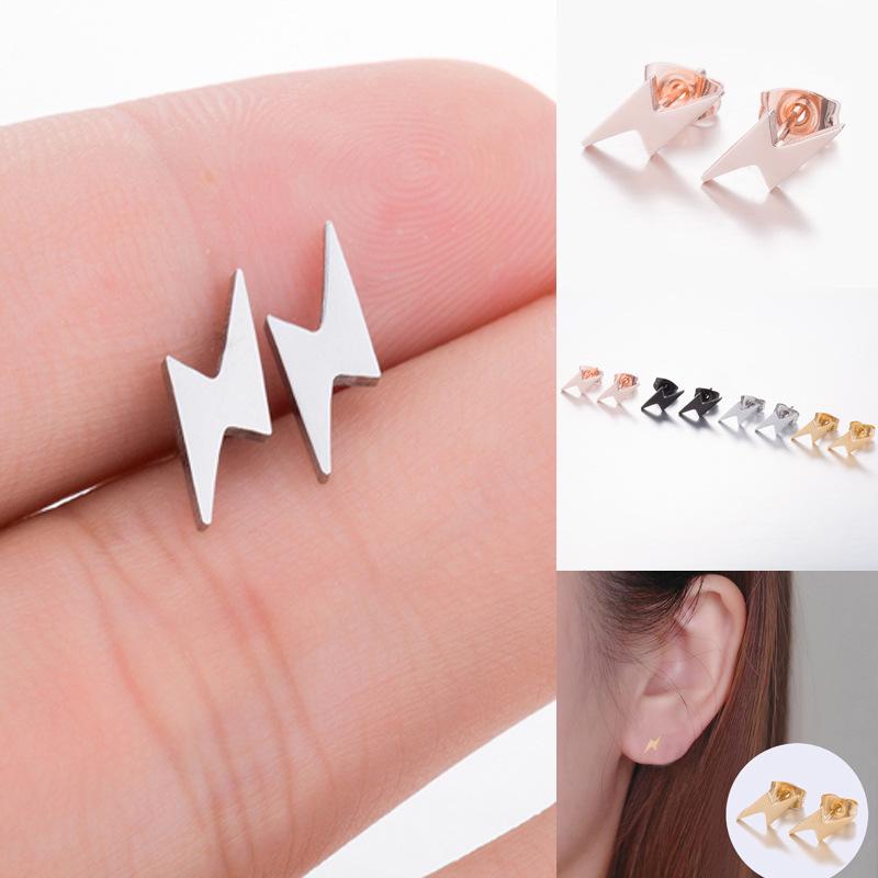 Stainless Steel Lightning Stud Earrings - Korean Fashion, Simple and Stylish Design