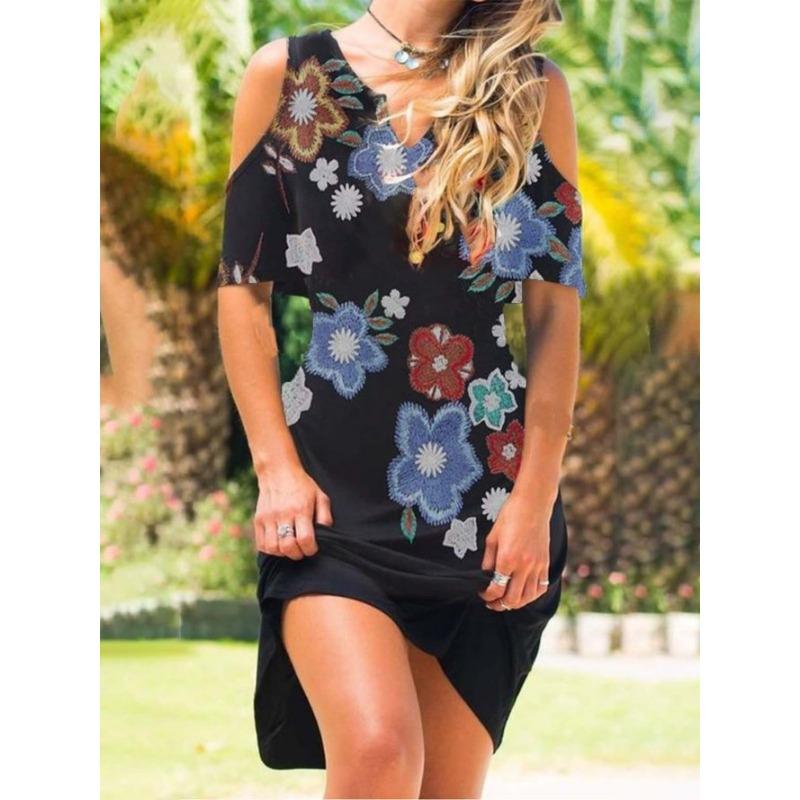 YYFS Abiti casual a vita alta con scollo a V a maniche corte con stampa floreale primaverile alla moda da donna