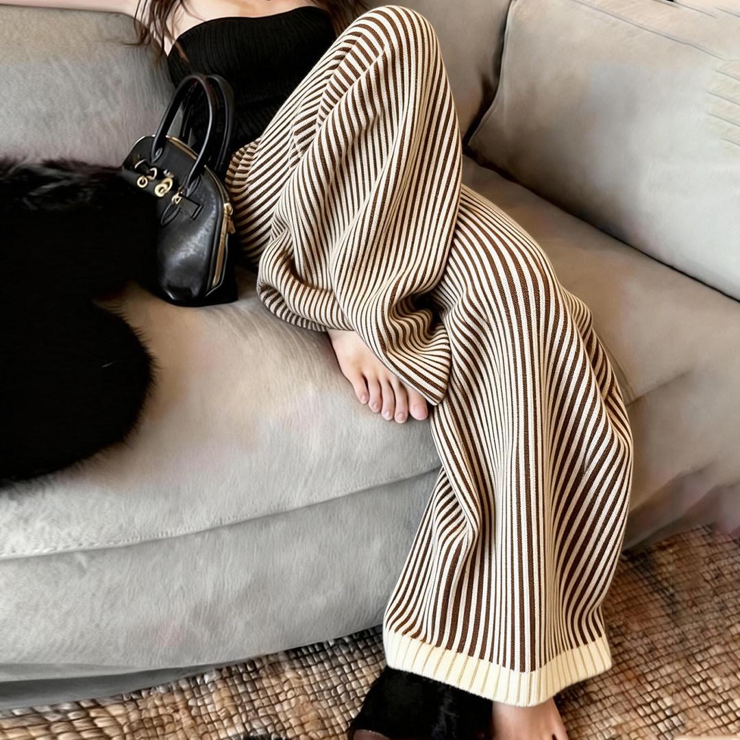 Women s 2026 Spring French Khaki Stripe Retro Wide-Leg High-Waist Pants Small хаки