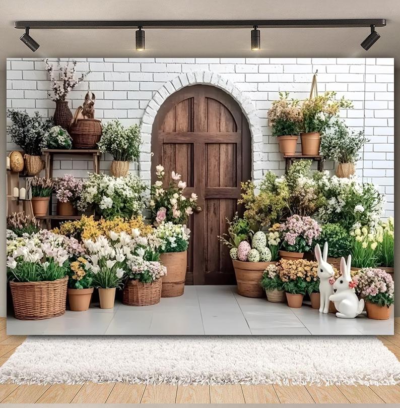 Easter white brick wall flower rabbit Easter egg shooting Backdrop spring flower wall children's birthday party banner Backdrop