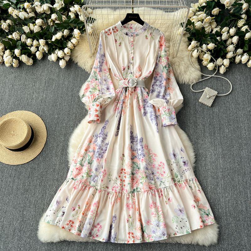 

Classy Exquisite Dress Women s Ladies Fashion Elegant Retro Lantern Long Sleeve Waist Trimming Printing French Suit Long Dress Beige 2XL