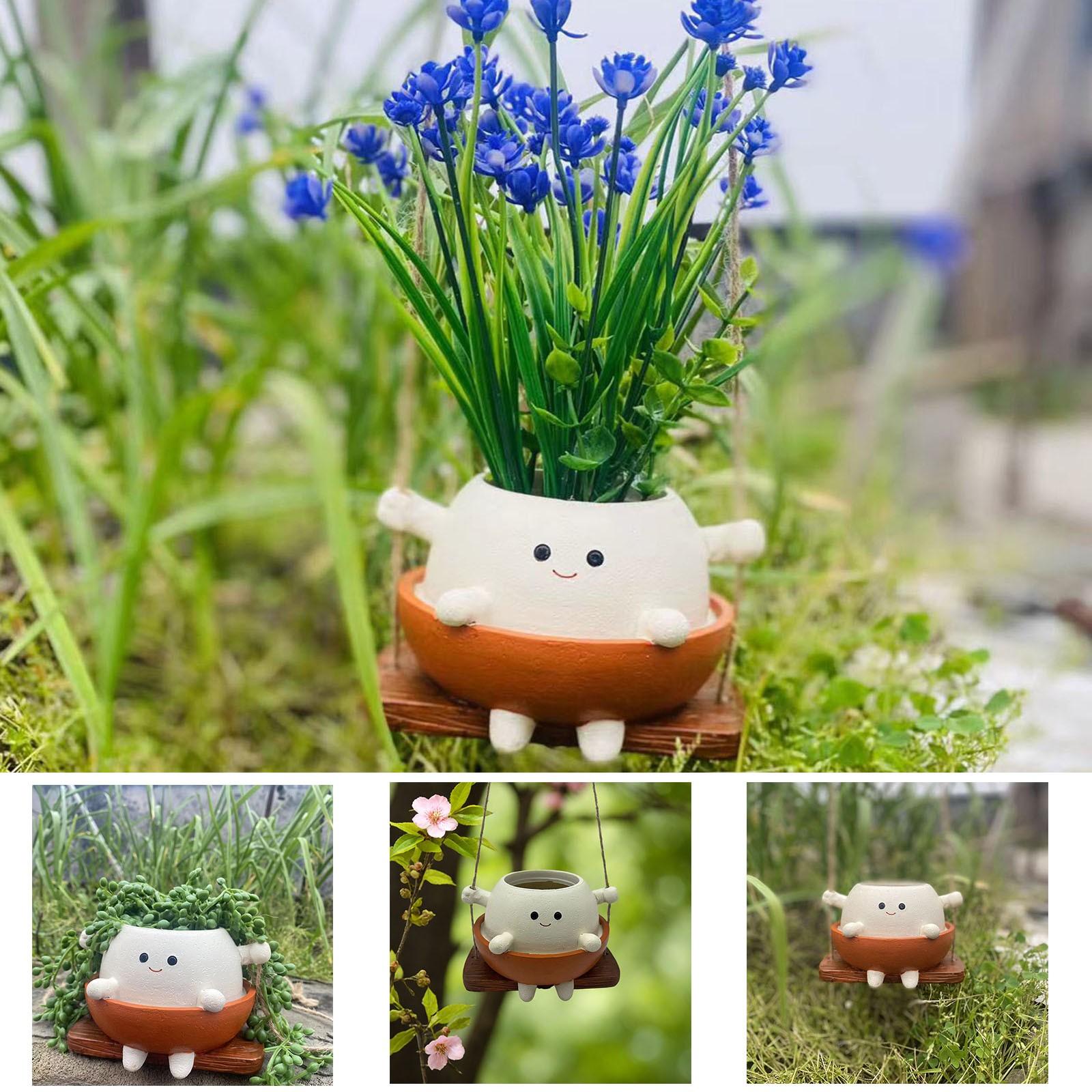 Cute Smiling Face Swing Planter Pot Resin Flower Pot Swing Succulent Flower Planter Wall Hanging Flower Pot Garden Decoration One Size бежевый