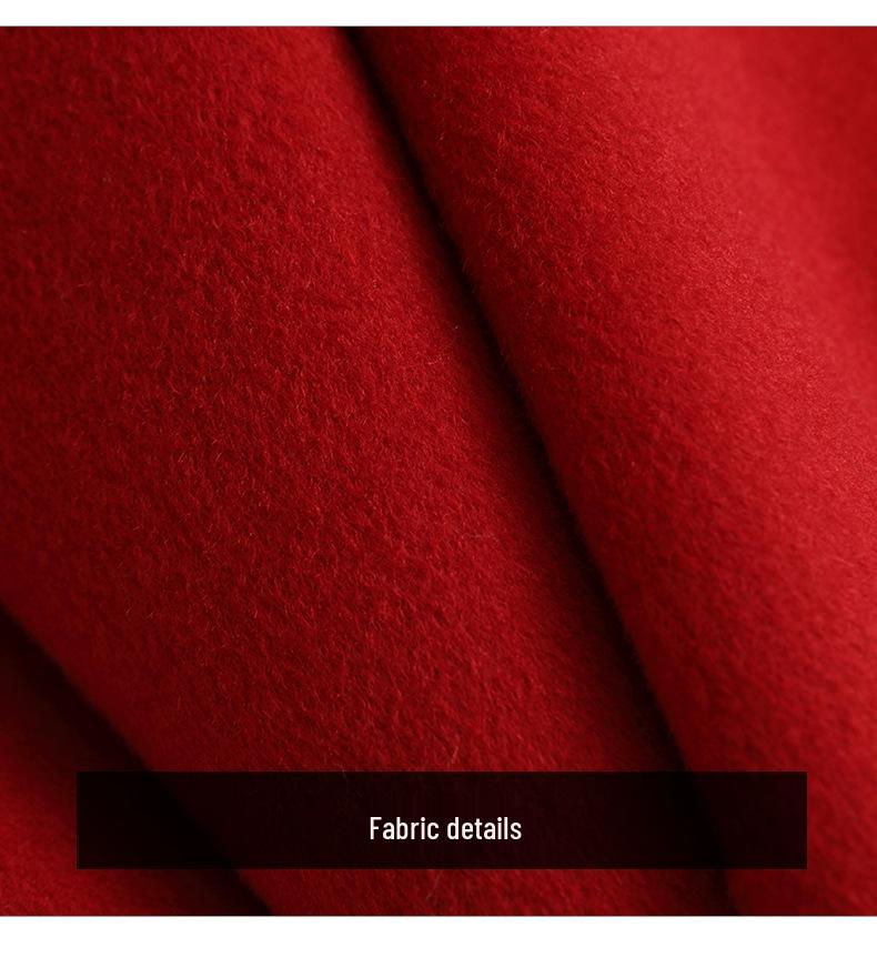 2025 Spring Women's Red Woolen Double-Sided Long Coat with Waist-Defining Design