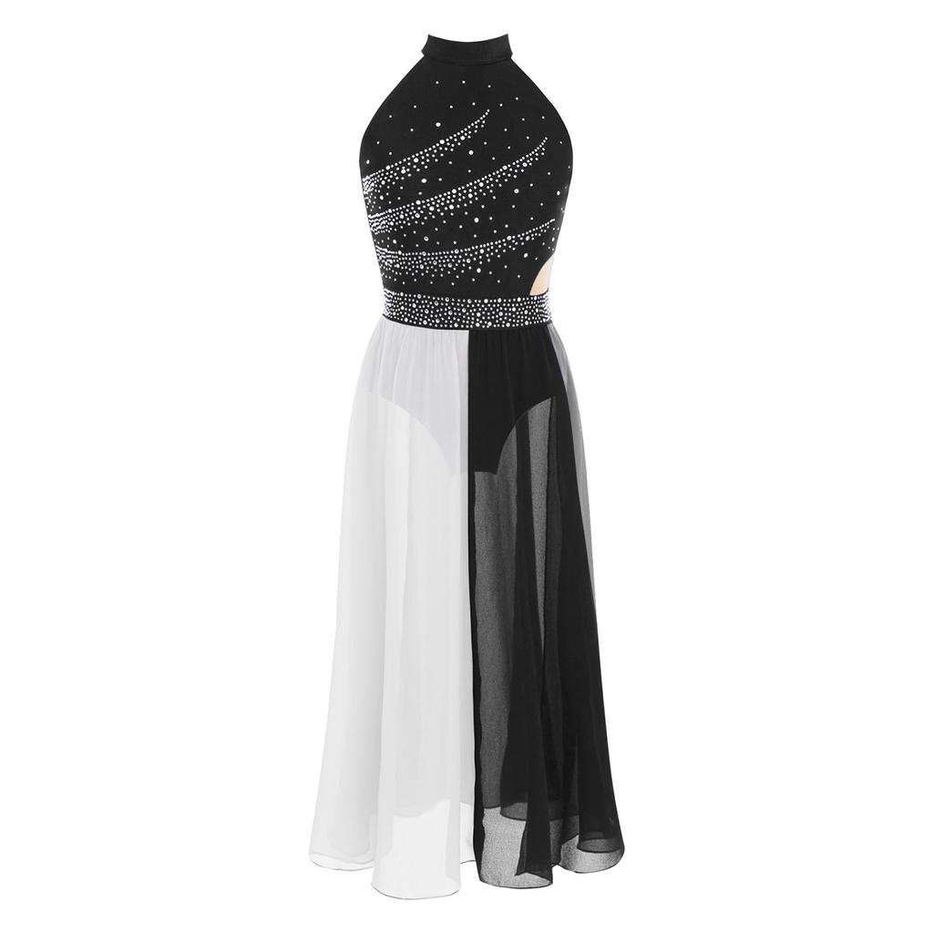 Girls Modern Lyrical Dance Dress Mock Neck Sleeveless Sparkly Rhinestones Color Block Side Split Chiffon Skirt