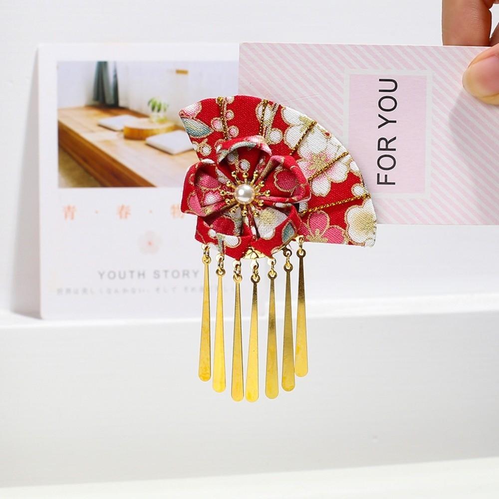 Cute Elegant Kimono Hair Clip Metal Tassel Traditional Fan Shape Hairpin Sakura Flower Cloth Faux Pearl Decor Hair Clip Girls