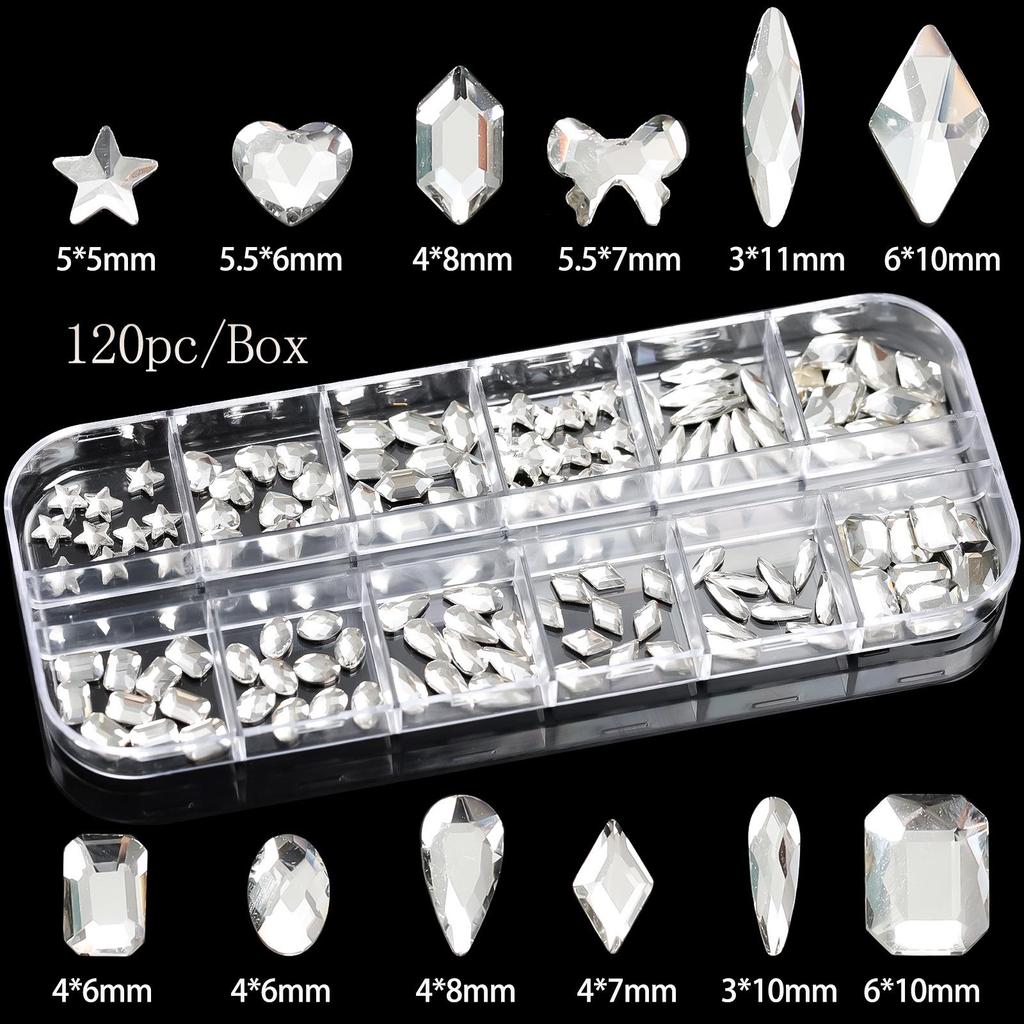 Boxed 120-Piece Flat-Back Nail Art Rhinestones: Champagne, Bright White, Iridescent Crystal Glass