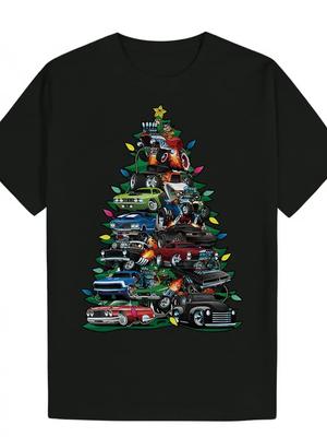 Pánske Vintage Vianočné Tričko s Potlačou Auta na Strome - Čierne Retro Automobilové Sviatočné