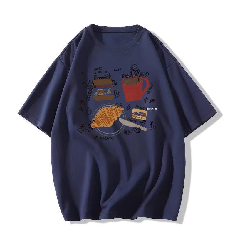 

2025 Женская летняя футболка с коротким рукавом, меланжево-серая - Уникальный, свободный крой, американский нишевый дизайн XXL темно-синий