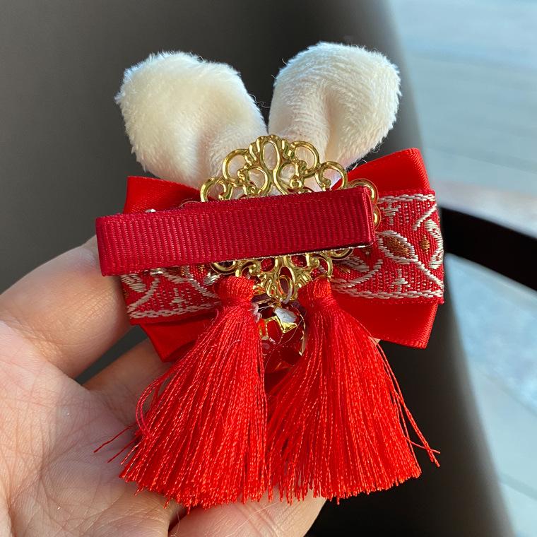 2023 Chinese New Year Embroidered Bow Hair Clip with Rabbit Ears - Red Side Clip for Little Girls