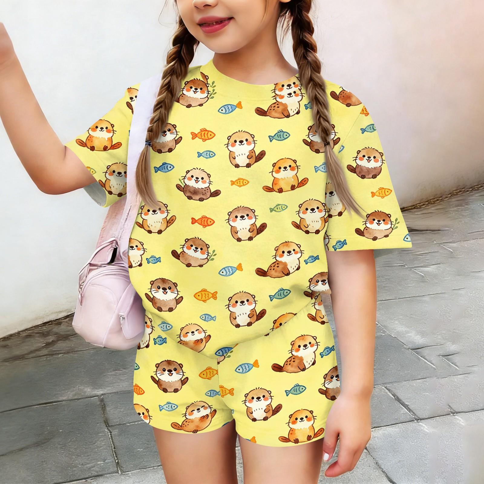 

Kids Casual Short Sleeve Top and Shorts Set Animal Print Comfortable Summer Outfit Lightweight Soft Fabric Breathable Design 100